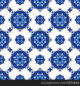 Abstract damask mandala seamless ornamental pattern for fabric. Vector blue azulejo tile. Damask seamless tiles vector design. Blue and white ceramics azulejo mosaic design