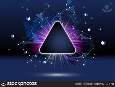 Abstract dark background with colorful brush stroke, black halftone blot, triangular dotted grid and frame