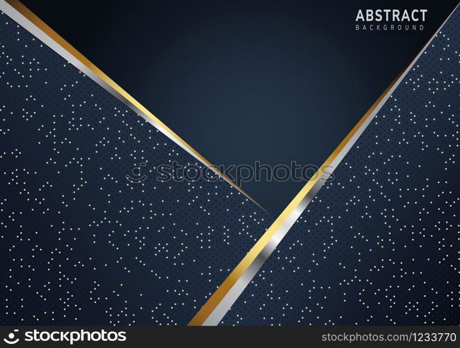 Abstract dark blue background with gold and silver line diagonal. Silver color dot on background. Modern style. Vector illustration