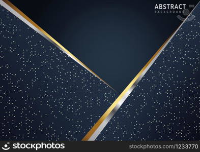 Abstract dark blue background with gold and silver line diagonal. Silver color dot on background. Modern style. Vector illustration