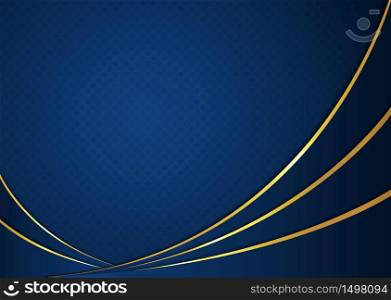 Abstract dark blue color background curve shape and gold metallic color design with space. vector illustration.