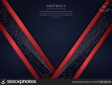Abstract dark blue geometric overlapping layer with border red with glitter and glowing dots on dark blue background modern style with copy space. Vector illustration