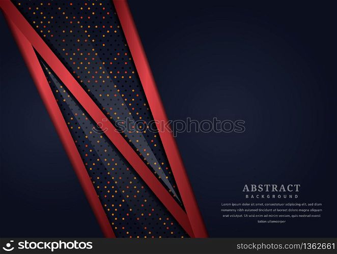 Abstract dark blue geometric overlapping layer with border red with glitter and glowing dots on dark blue background luxury style with copy space for text. Vector illustration
