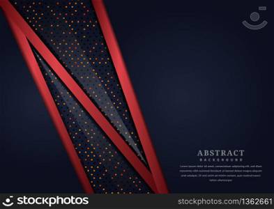 Abstract dark blue geometric overlapping layer with border red with glitter and glowing dots on dark blue background luxury style with copy space for text. Vector illustration