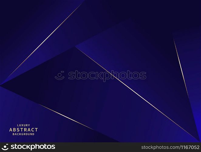 Abstract dark blue luxury premium background with luxury triangles pattern and gold lighting lines. Vector illustration