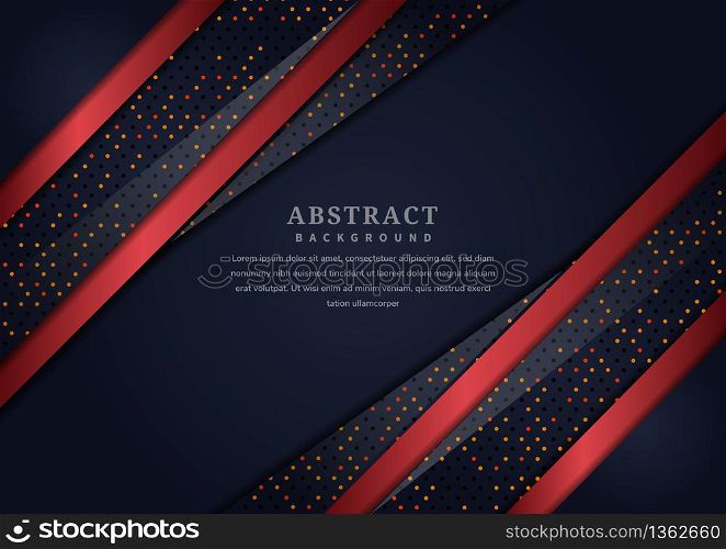 Abstract dark blue overlapping layer with border red with glitter and glowing dots on dark blue background luxury style. Vector illustration