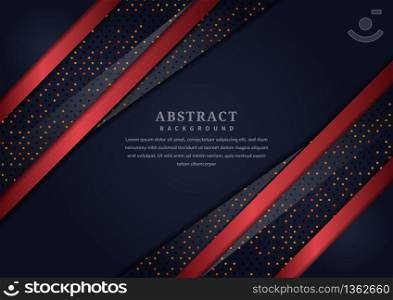 Abstract dark blue overlapping layer with border red with glitter and glowing dots on dark blue background luxury style. Vector illustration