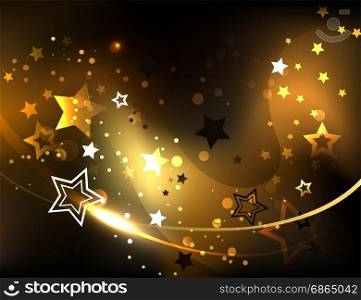 Abstract, dark cosmic background with golden, sparkling stars. Design with gold stars. Abstract background.
