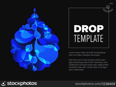 Abstract dark flyer template with blue droplet made from small drops. Vector Flyer template with a blue droplet