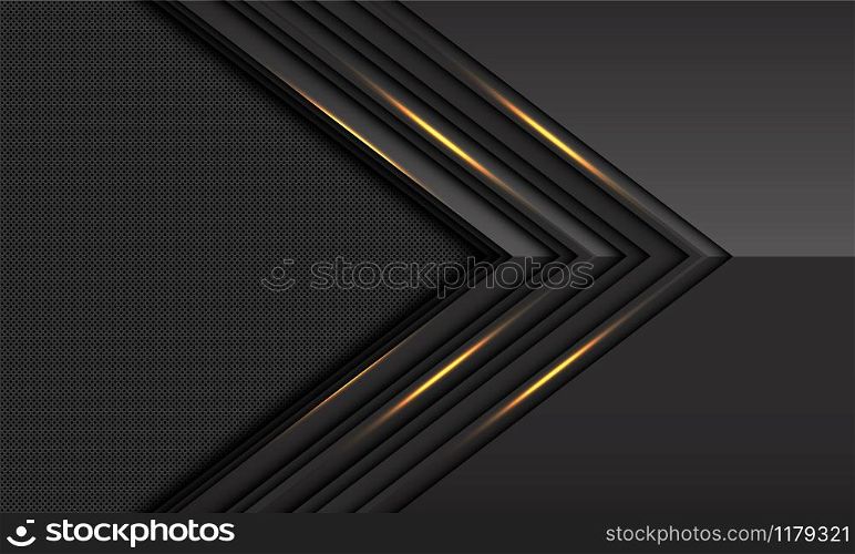 Abstract dark grey gold light metallic arrow direction with circle mesh pattern blank space design modern luxury futuristic technology background vector illustration.