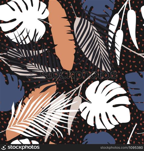 Abstract dark tropical seamless pattern on black background. Design for printing, textile, fabric, fashion, interior, wrapping paper. Vector illustration. Abstract dark tropical seamless pattern on black background.