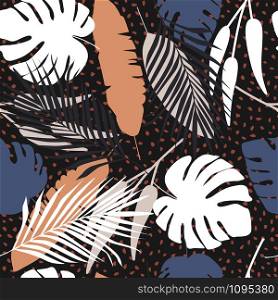 Abstract dark tropical seamless pattern on black background. Design for printing, textile, fabric, fashion, interior, wrapping paper. Vector illustration. Abstract dark tropical seamless pattern on black background.