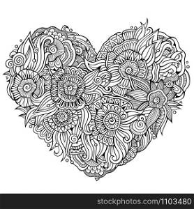 Abstract decorative floral ethnic doodles heart composition. Vector line art background. Abstract decorative floral ethnic doodles composition