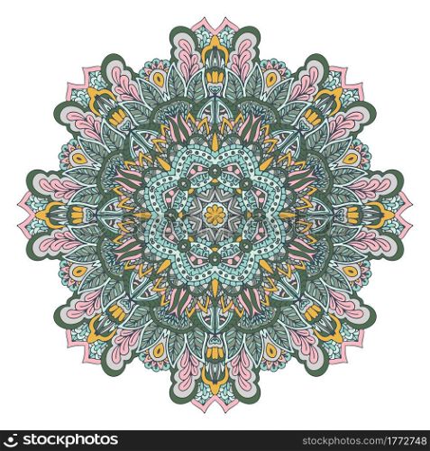 Abstract decorative medallion. Vector mandala floral design boho ornament in folk art style. Abstract geometric floral mandala colorful seamless pattern ornamental.