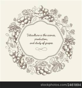 Abstract decorative natural sketch poster with bunches of grapes and inscription in elegant frame vector illustration. Abstract Decorative Natural Sketch Poster
