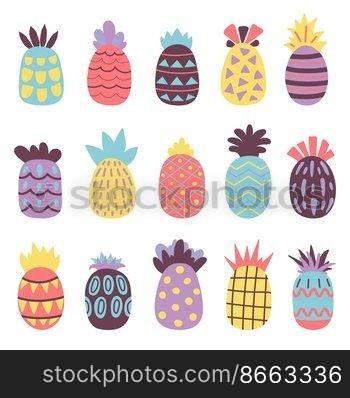 Abstract decorative pineapple. Contemporary design pineapples, modern fruits stickers. Juice textured elements, baby scandinavian style decent vector set. Illustration of sweet pineapple organic. Abstract decorative pineapple. Contemporary design pineapples, modern fruits stickers. Juice textured elements, baby scandinavian style decent vector set
