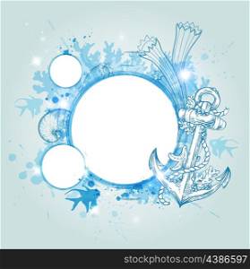 Abstract decorative vector marine background. Blue round banner with anchor and tropical fishes.