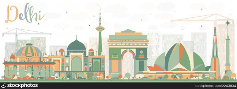 Abstract Delhi Skyline with Color Buildings. Vector Illustration. Business Travel and Tourism Concept with Historic Buildings. Image for Presentation Banner Placard and Web Site.