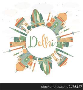 Abstract Delhi Skyline with Color Landmarks and Copy Space. Vector Illustration. Business Travel and Tourism Concept with Historic Buildings. Image for Presentation, Banner, Placard and Web Site.