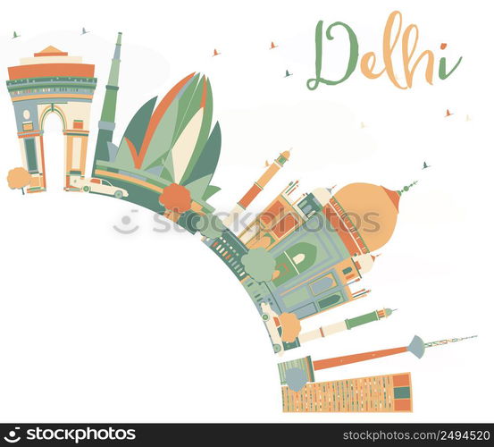 Abstract Delhi Skyline with Color Landmarks and Copy Space. Vector Illustration. Business Travel and Tourism Concept with Historic Buildings. Image for Presentation, Banner, Placard and Web Site.