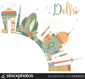 Abstract Delhi Skyline with Color Landmarks and Copy Space. Vector Illustration. Business Travel and Tourism Concept with Historic Buildings. Image for Presentation, Banner, Placard and Web Site.