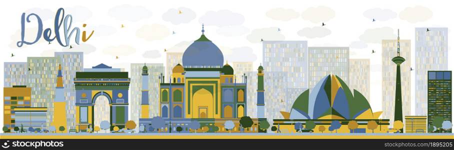 Abstract Delhi skyline with color landmarks. Vector illustration. Business travel and tourism concept with historic buildings. Image for presentation, banner, placard and web site.