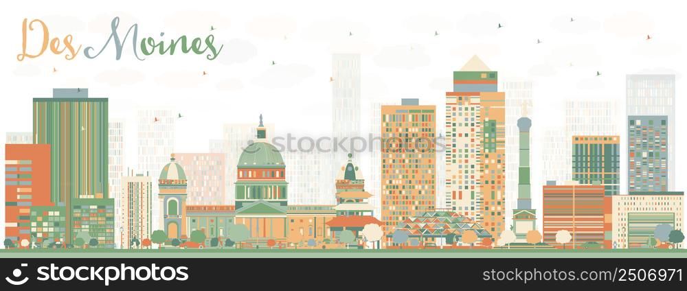 Abstract Des Moines Skyline with Color Buildings. Vector Illustration. Business Travel and Tourism Concept with Historic Architecture. Image for Presentation Banner Placard and Web Site