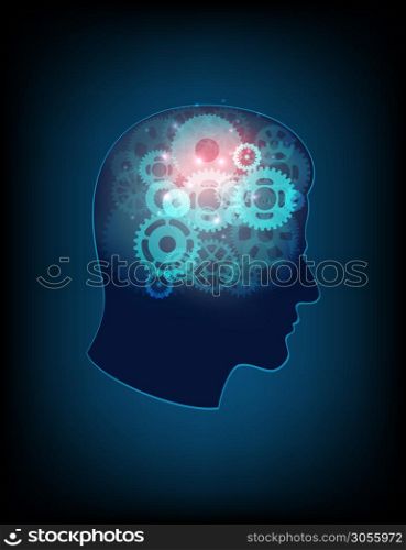 Abstract design human head and symbolic elements on the subject of human mind, consciousness, imagination, science and creativity