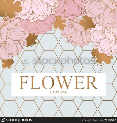 Abstract design incorporating a gold hexagon with text flower paradise in gold uppercase letters. Around the hexagons are pale pink poppies.. Abstract design incorporating a gold hexagon with text flower paradise in gold uppercase letters.