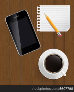 Abstract design phone, coffee, pencil, blank page on boards Background vector Illustration.