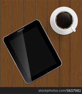 Abstract design tablet, coffee on boards Background vector Illustration.