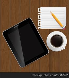 Abstract design tablet, coffee, pencil, blank page on boards Background vector Illustration.