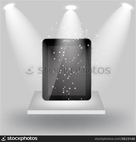 Abstract design tablet on white shelves on light grey background. Vector illustration