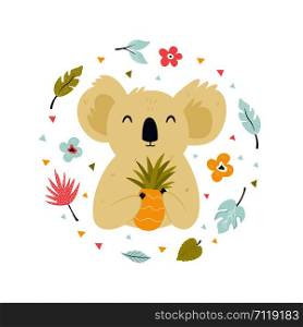 Abstract design with Cute koala and pineapple.. Vector illustration for prints, textile, cards, banners. Abstract design with Cute koala and pineapple.
