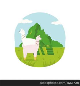 Abstract design with cute lama and famous landmark of Peru Machu Picchu. Poster of Peru with cute lama and famous landmark Machu Picchu