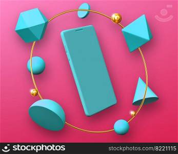 Abstract design with smartphone mockup in round frame of geometric 3d shapes hemisphere, octahedron, sphere, cone, cylinder and icosahedron on pink background with gold pearls, vector mobile rendering. Abstract design with smartphone mockup in frame