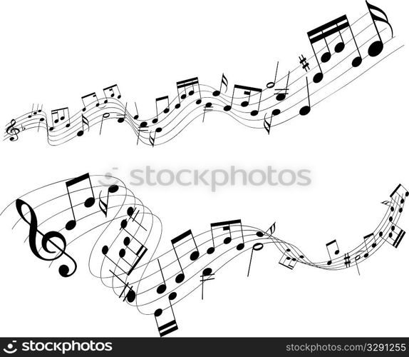 Abstract designs of music notes on a white background