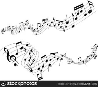 Abstract designs of music notes on a white background