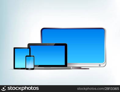 Abstract devices: Tablet pc, laptop, smartphone, tv vector front view. Notebook, mobile phone, touchpad, television. Blank. Copyspase.