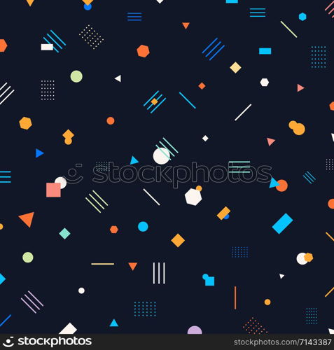 Abstract different geometric shapes pattern circles, triangles, lines, squares, hexagons bright and colorful color on dark background. Memphis style. Retro 80&rsquo;s. Vector illustration