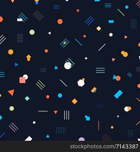 Abstract different geometric shapes pattern circles, triangles, lines, squares, hexagons bright and colorful color on dark background. Memphis style. Retro 80&rsquo;s. Vector illustration