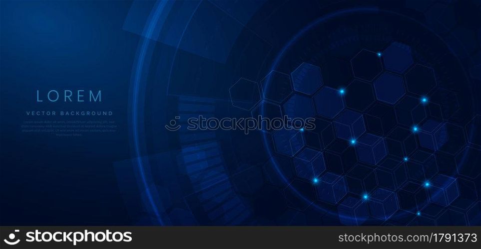 Abstract digital technology geometric hexagon pattern shapes with light effect on blue background. Vector illustration