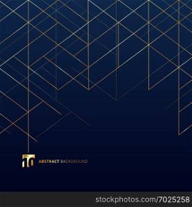 Abstract dimension lines gold color on dark blue background. Modern luxury style square mesh. Digital geometric abstraction with line. Vector illustration