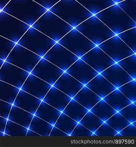 Abstract distort squares lines grid pattern with circles laser light on blue background technology concept. Geometric template design for cover brochure, banner web, presentation, etc. Vector illustration
