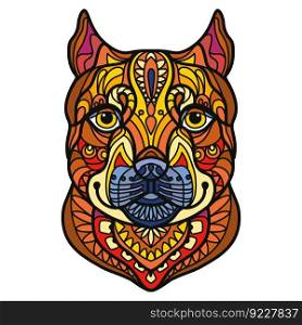 Abstract dog head with decorative ornaments and doodle elements. Close up Pitbull dog. Vector illustration. For puzzle, print, decor, T-shirt design, mosaic, tattoo and embrodery. Pitbull head dog color tangle doodle vector illustration