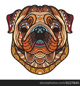 Abstract dog head with decorative ornaments and doodle elements. Close up Pug dog. Vector illustration. For puzzle, print, decor, T-shirt design, mosaic, tattoo and embrodery. Pug head dog color tangle doodle vector illustration