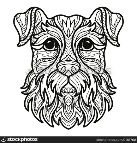 Abstract dog head with decorative ornaments and doodle elements. Close up Schnauzer dog. Vector illustration. For adult antistress coloring page, print, design, decor, T-shirt, tattoo and embrodery. Schnauzer head dog coloring book page vector illustration