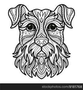 Abstract dog head with decorative ornaments and doodle elements. Close up Schnauzer dog. Vector illustration. For adult antistress coloring page, print, design, decor, T-shirt, tattoo and embrodery. Schnauzer head dog coloring book page vector illustration