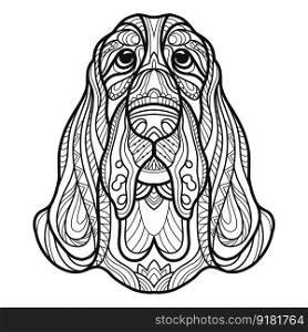 Abstract dog with decorative ornaments and doodle elements. Close up basset hound dog head. Vector illustration. For adult antistress coloring page, print, design, decor, T-shirt, tattoo, embrodery. Basset hound dog head coloring book page vector illustration