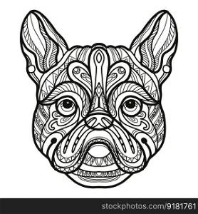 Abstract dog with decorative ornaments and doodle elements. Close up french bulldog dog head. Vector illustration. For adult antistress coloring page, print, design, decor, T-shirt, tattoo, embrodery. French bulldog dog head coloring book page vector illustration